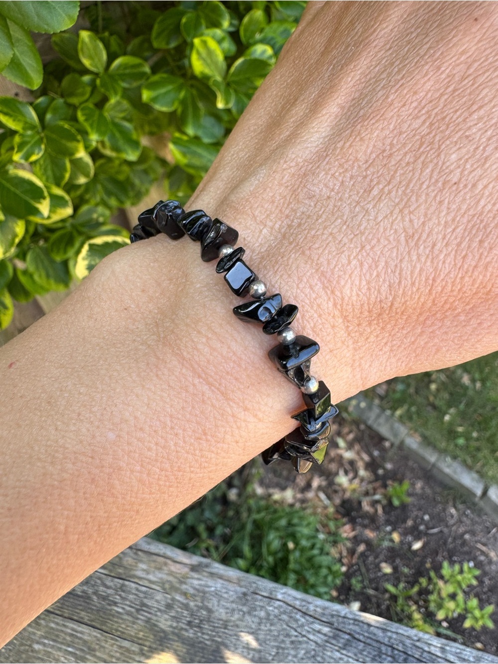 Black Onyx Chip Bead Bracelet Artisan Sterling 925 Toggle Clasp